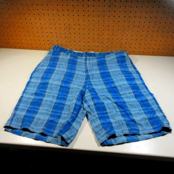 Tommy Bahama Other - Tommy Bahama mens blue black teal plaid 100% linen shorts 34 EUC